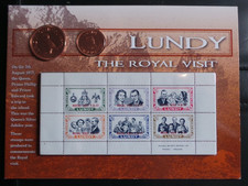 Lundy,  Royal Visit , Set of 2 UNC Coins (1/2 & 1, Puffin). 6 Mint Stamps, 1977.
