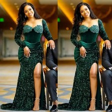 Emerald Green Evening Dress Women Mermaid Sparkly Long Sleeves Sequins Prom Gown