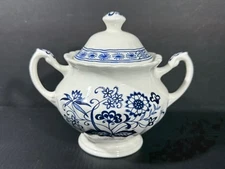 J & G Meakin Classic White Blue Nordic Onion Lidded Sugar Bowl