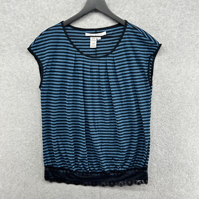 Max Studio Blouse Womens Size Large Blue Striped Short Sleeve Scoop Neck 