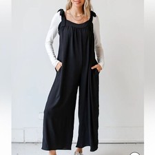 Leoni Women's Size Small Oversized Wide Leg Black Jumpsuit Sleeveless Tie