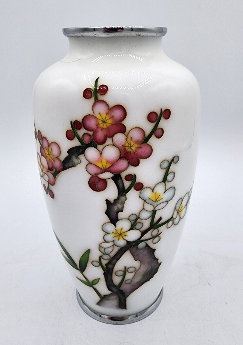Vintage Japanese Cloisonne Sato Vase Cherry Blossom White 6