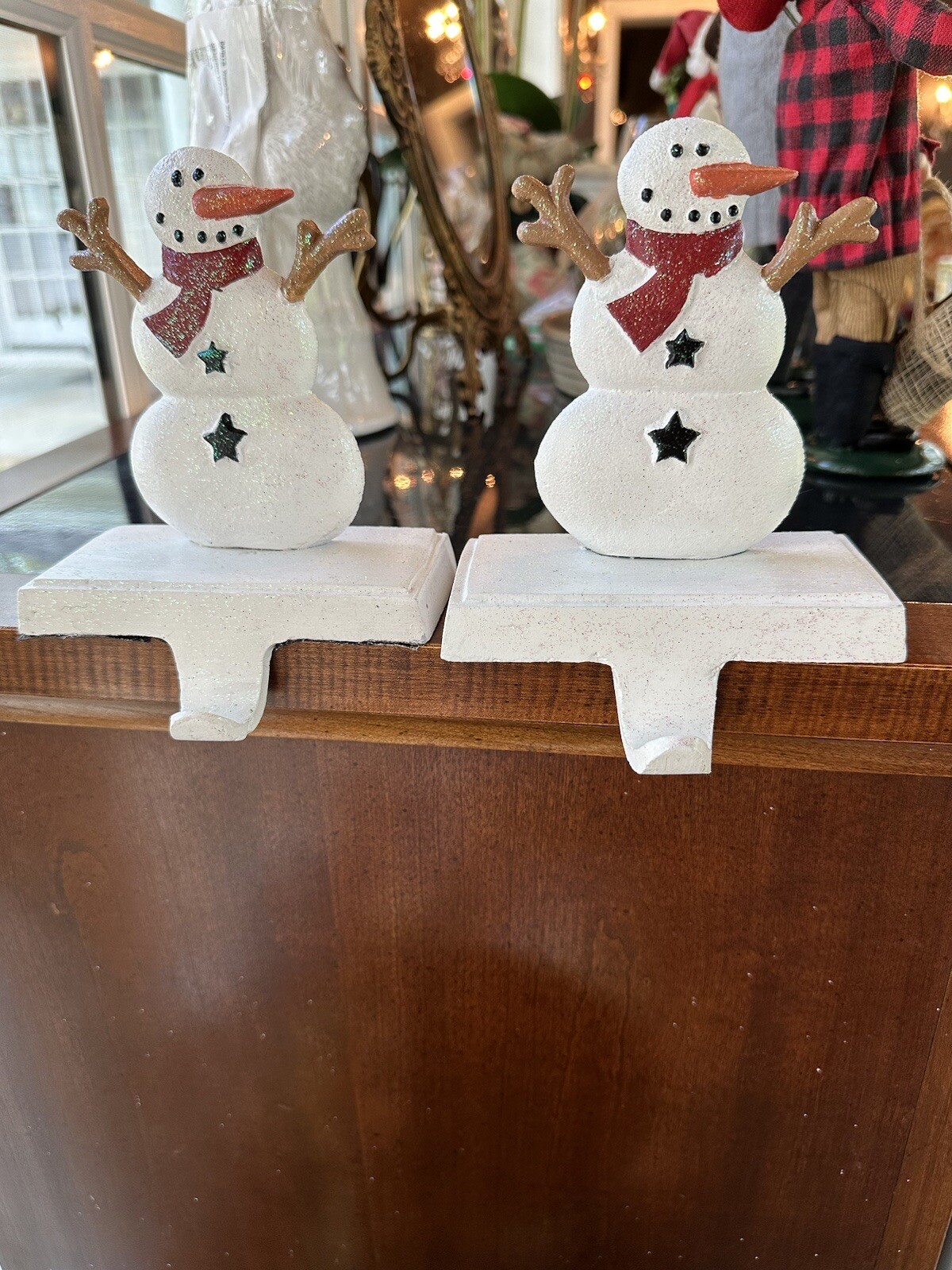 Cast Iron Snowman Stocking Holder Hanger Heavy Base Christmas Set Of