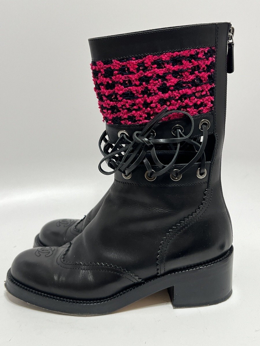 CHANEL AW2016 BLACK LEATHER PINK TWEED CUT OUT CC LOGO BOOTS