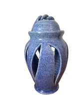 1982 John Garrou Handmade Pottery Blue Candle Lantern Blue  8x3 in