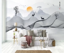 3D Abstract Mountain Elk Tree Sun Self-adhesive Removeable Wallpaper Wall Mural