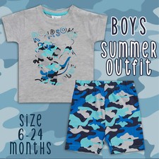 Baby Boys Camo Blue Grey Top Shorts Bottom Pyjama Set Summer Outfit 6-24 Months