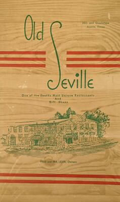1940's Old Seville Restaurant & Gift Shop Menu Austin Texas Fred & Ina Leser