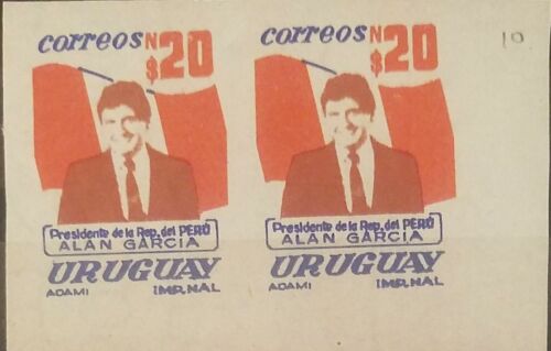 O) 1986 URUGUAY, PROOF IMPERFORATE,PRESIDENT ALAN GARCIA-PERUVIAN FLAG-STATE VI - 第 1/1 張圖片