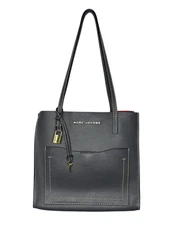 MARC JACOBS T Pocket Medium Grind Pebbled Leather Tote Bag Grey Designer Purse