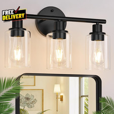 3-Light Bathroom Vanity Light 17.23" Black Modern Fixture Clear Glass Shade