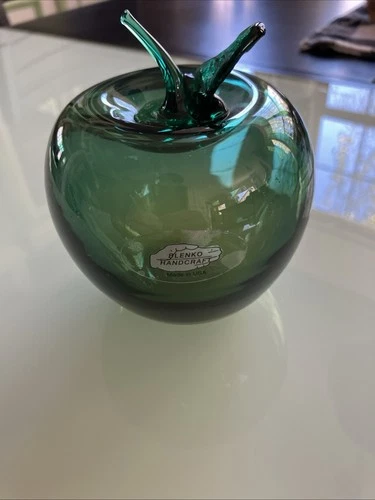 Blenko Glass Emerald Green Apple- Hand Blown Art Glass Paperweight Vintage