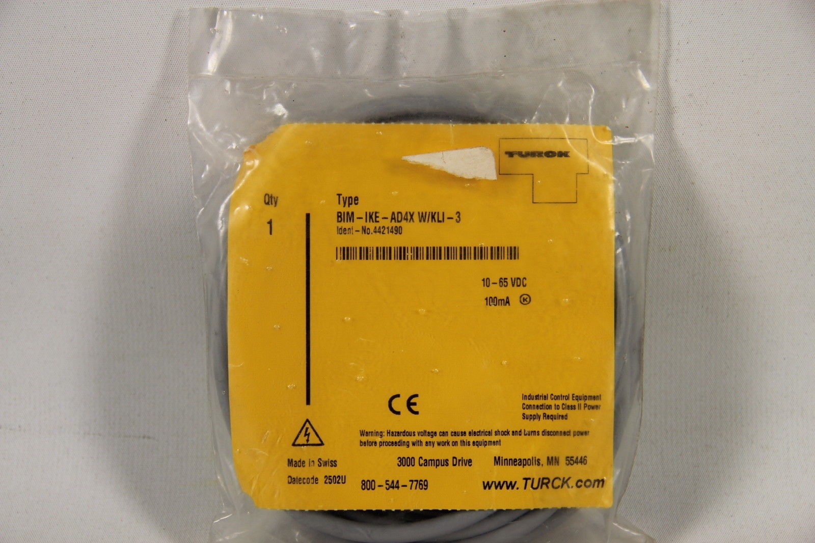 Turck BIM-IKE-AD4X W/KLI-3 Proximity Switch Sensor, 10-65VDC, 100mA - NEW
