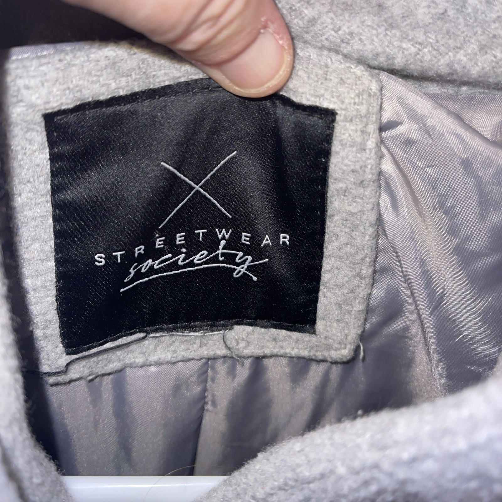 Streetwear Society Shawl Collar Coat Sz L Grey Black Faux Leather Trim image 4