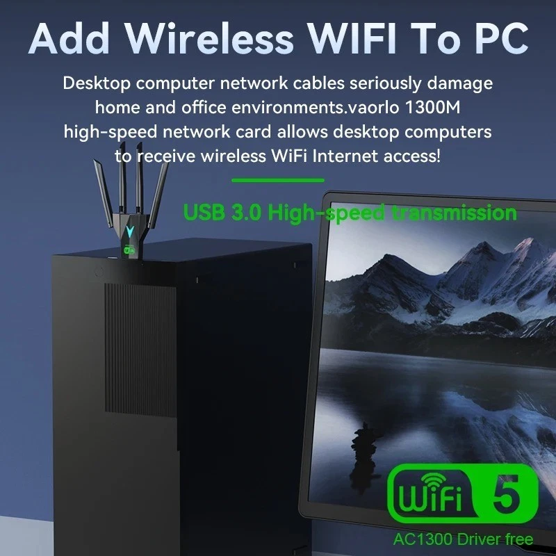 1300Mbps Dual Band WLAN USB Adapter 2.4G/5GHz USB3.0 4 Antennen Empfänger für PC - Bild 4 von 4