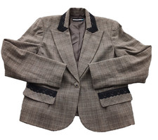 Requirements Women Blazer Brown Plaid Lace Trim One-Button Lined Work Classic