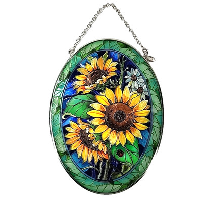 Amia Denver Sunflowers Ladybug Stained Glass Window Suncatcher Hand Painted 7x5 