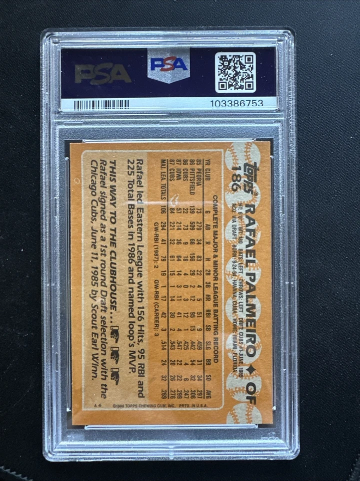 1988 TOPPS RAFAEL PALMEIRO PSA 7 CHICAGO CUBS #186 - Image 2 of 2