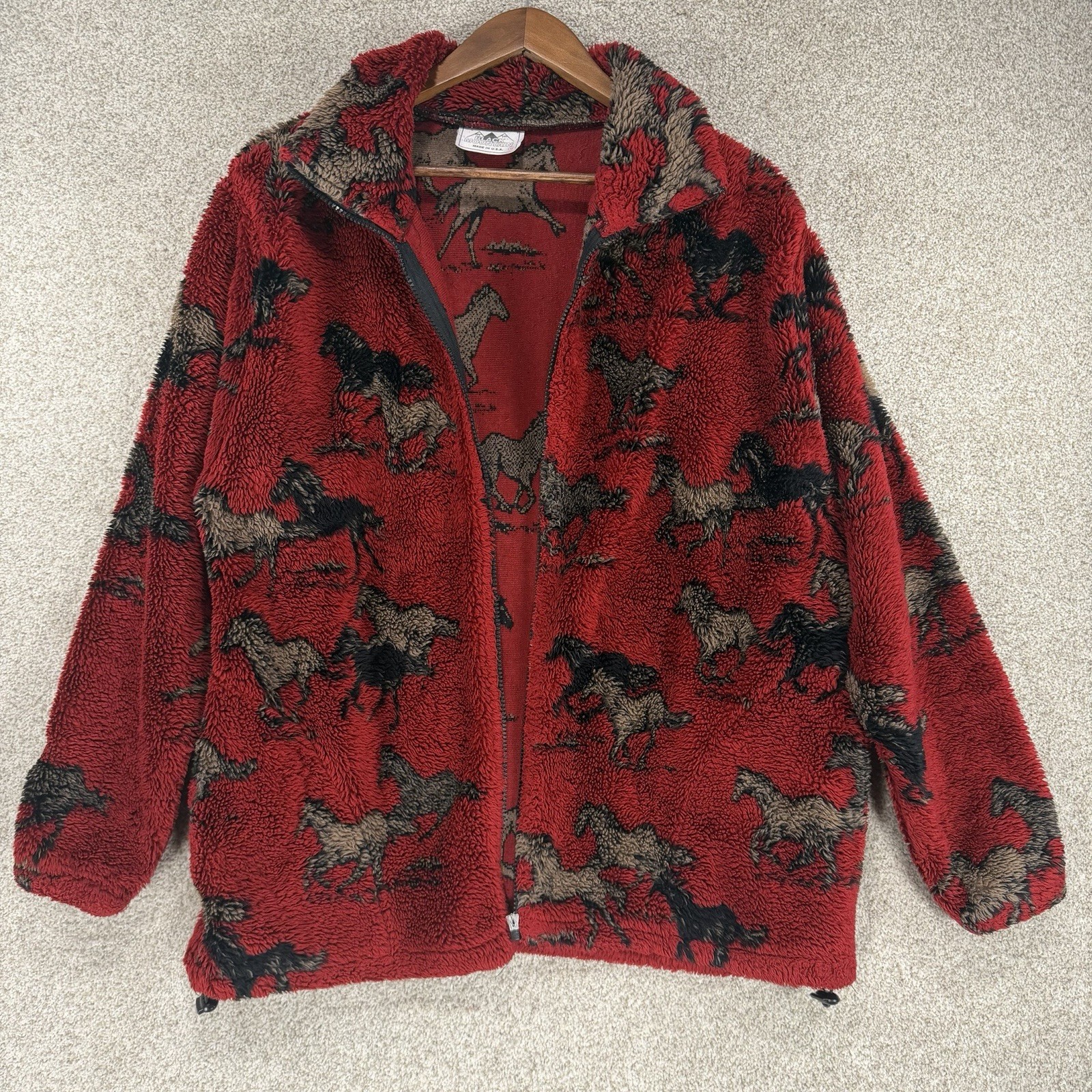 Black Mountain Outdoor Horse Print Fleece Jacket Red Western Vtg M *Broken Zip*