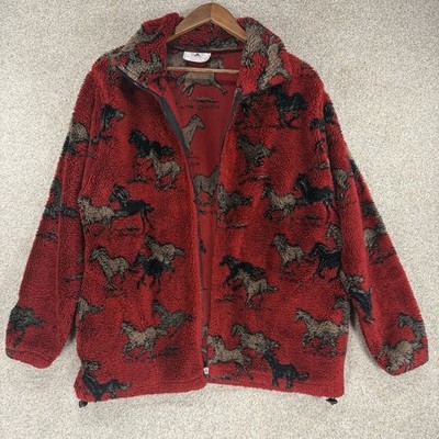 Black Mountain Outdoor Horse Print Fleece Jacket Red Western Vtg M *Broken Zip*