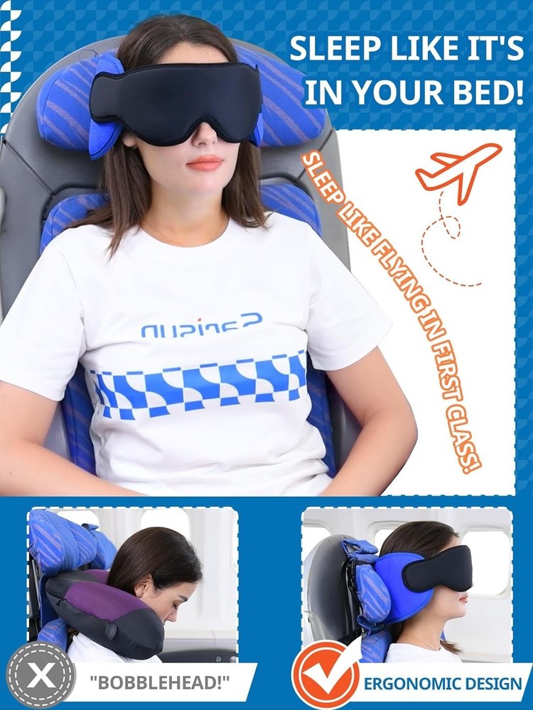 Travel Pillow for Airplanes, Head Strap with Eye Mask, 360° Support Neck Pillow,