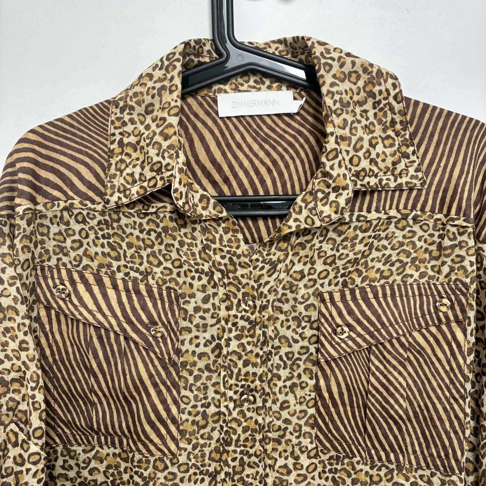 ZIMMERMANN Empire Leopard Safari Size 0 (AU 8-10 US 4-6) CUFFED BLOUSE SHIRT TOP