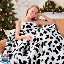 Cow Print Heated Electric Blanket Throw,50X60 Black Heating Blanket with 10 H