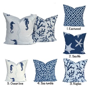 Navy Blue Coastal Decorative Pillow Cover Nautical Seahorse Coral