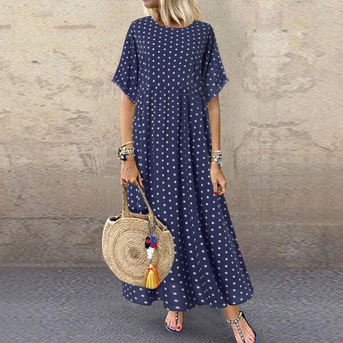 Damen Kurzarm Langes Kleid Baggy Polka Dot Sommerkleid Kaftan Maxikleid - Bild 6 von 13