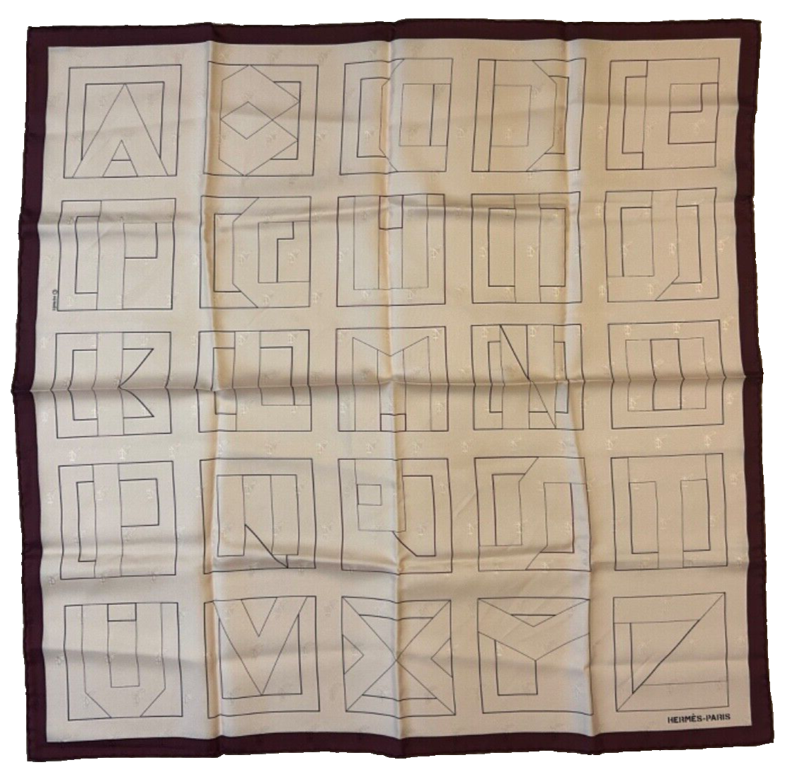 HERMES Silk Scarf 70 BLOCK ALPHABET Bordeaux Maroon Qatar Jacquard