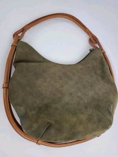 RALPH LAUREN Large Green Suede Hobo Shoulder Bag Leather Embossed  - Picture 1 of 9