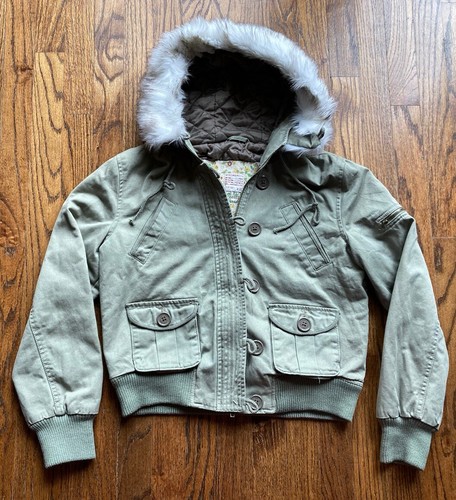 VTG Y2K Abercrombie & Fitch Military Jacket Womens Medium Olive Green Faux Fur
