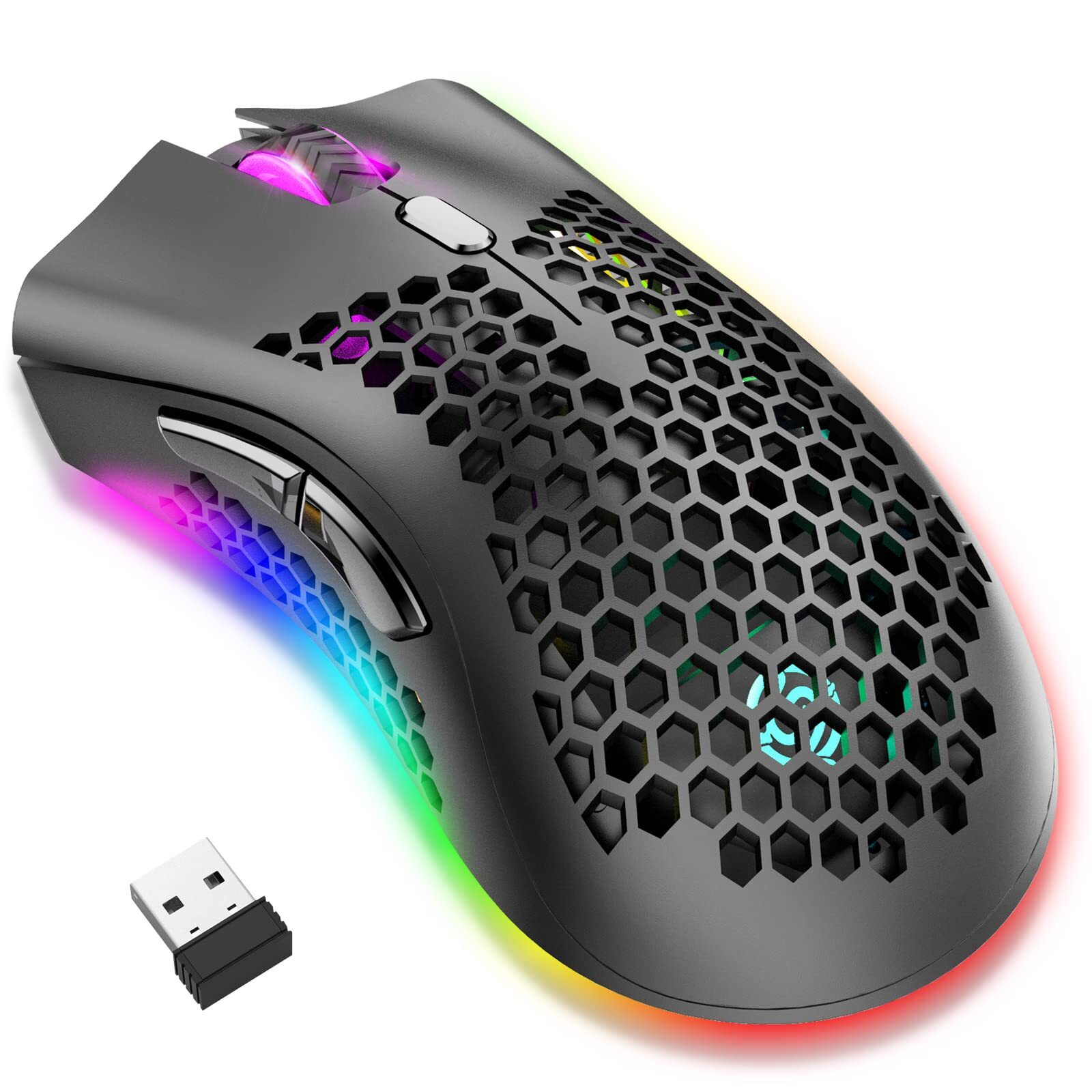 Lightweight Wireless Gaming Mouse with Honeycomb Design, Rechargeable Battery, and RGB Backlight for Enhanced Performance and Style.
