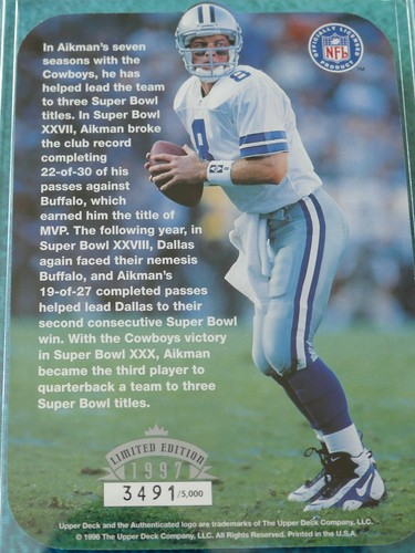 1997 TROY AIKMAN Limited Edition Lenticular Card Dallas Cowboys 5x3.5 Upper Deck - Picture 8 of 11