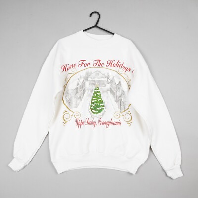 Vintage Hanes Weihnachtspullover Herren Large weiß Home For The Holidays 1990er B56