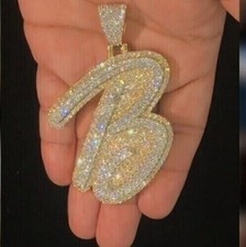 3Ct Round Cut Real Moissanite Letter B Initial Pendant 14K Yellow Gold Plated