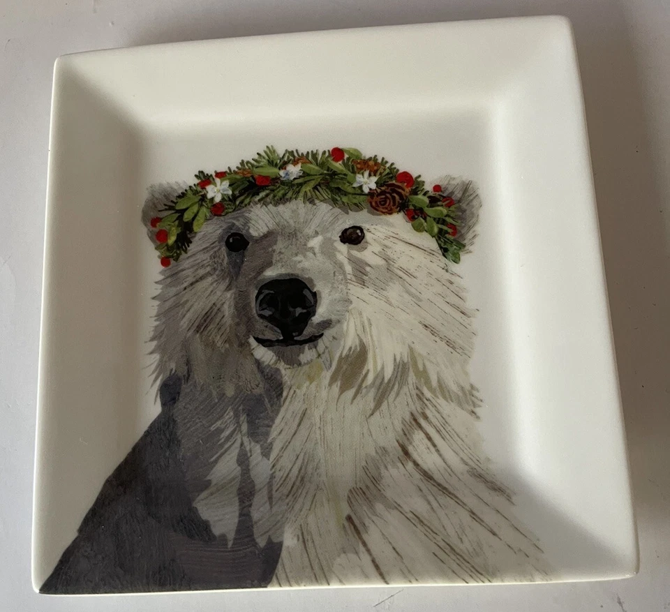 Two Can Art PPD Arctic Snow Polar Bear Appetizer Plate Fine Bone China 6” Square - Image 2 of 4