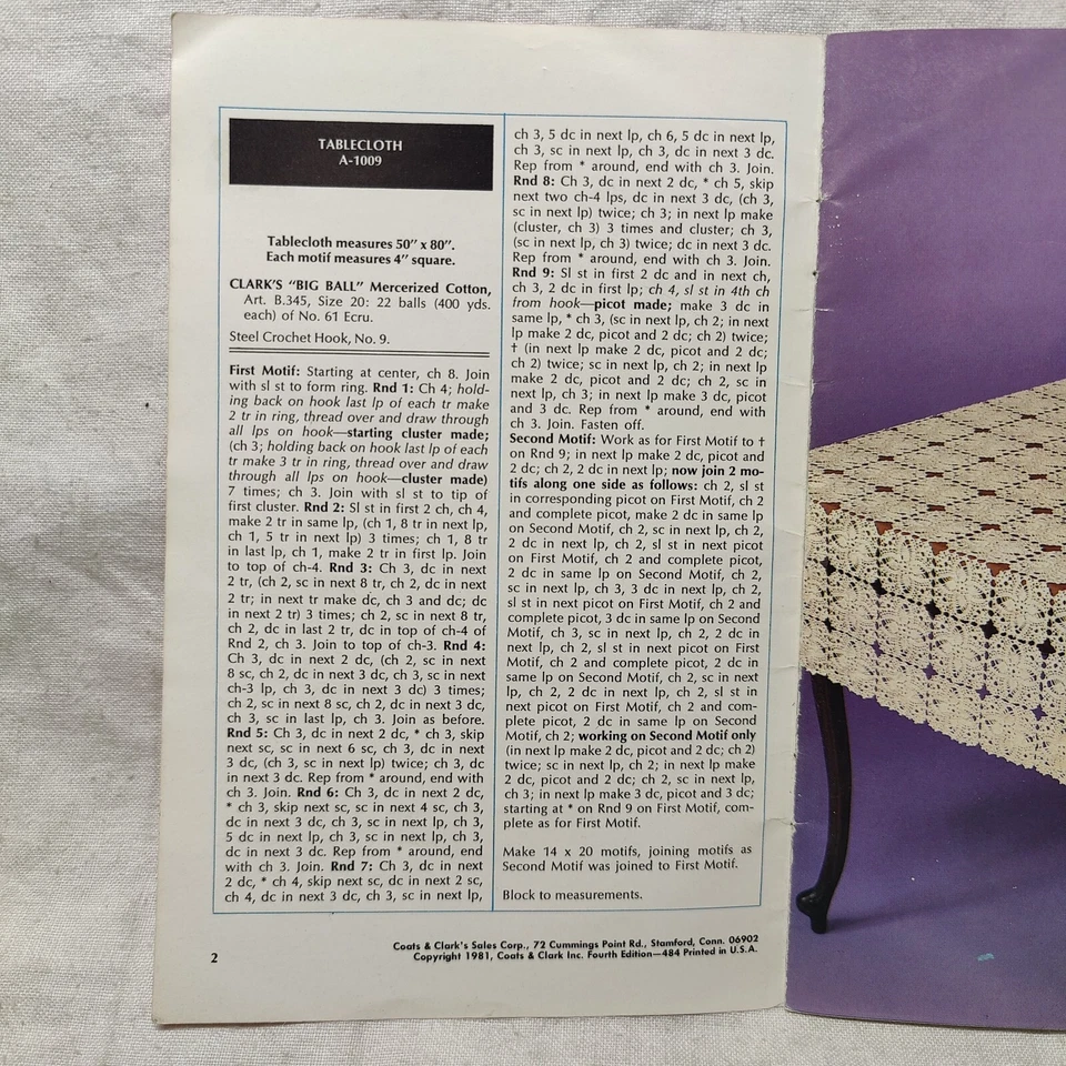1981 Coats & Clark's Book 296 TABLECLOTH TREASURES Knit & Crochet Patterns - Image 4 of 4