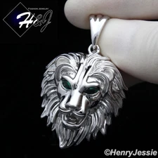 MEN 925 STERLING SILVER PLAIN GREEN RHINESTONE EYE 3D LION HEAD PENDANT*SP364
