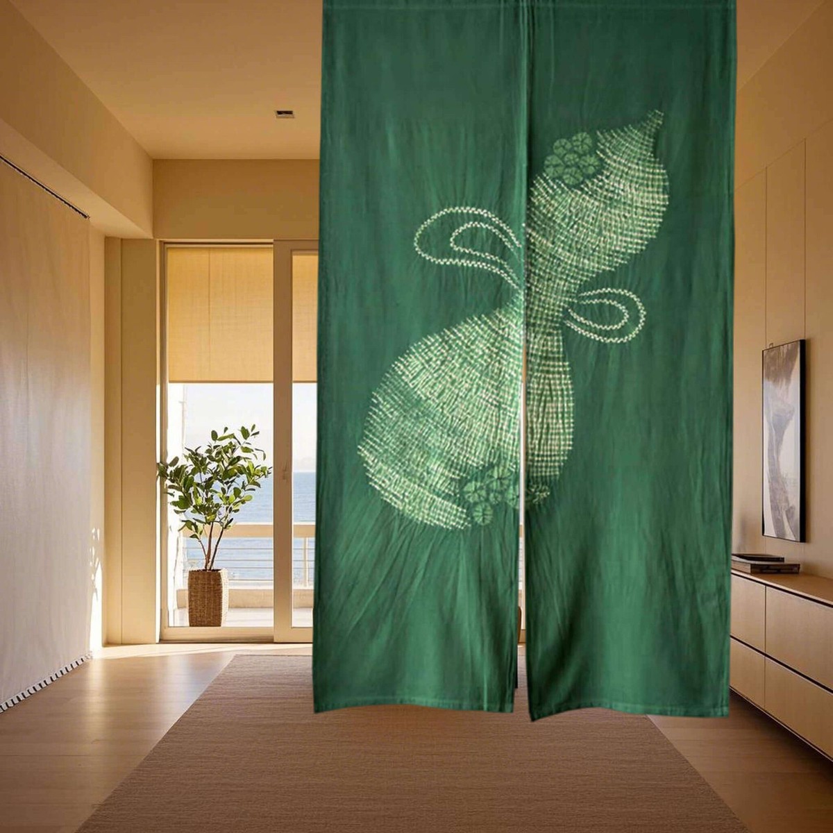 Shibori Green Japanese Noren Door Curtain, Tie-Dye Cotton Door