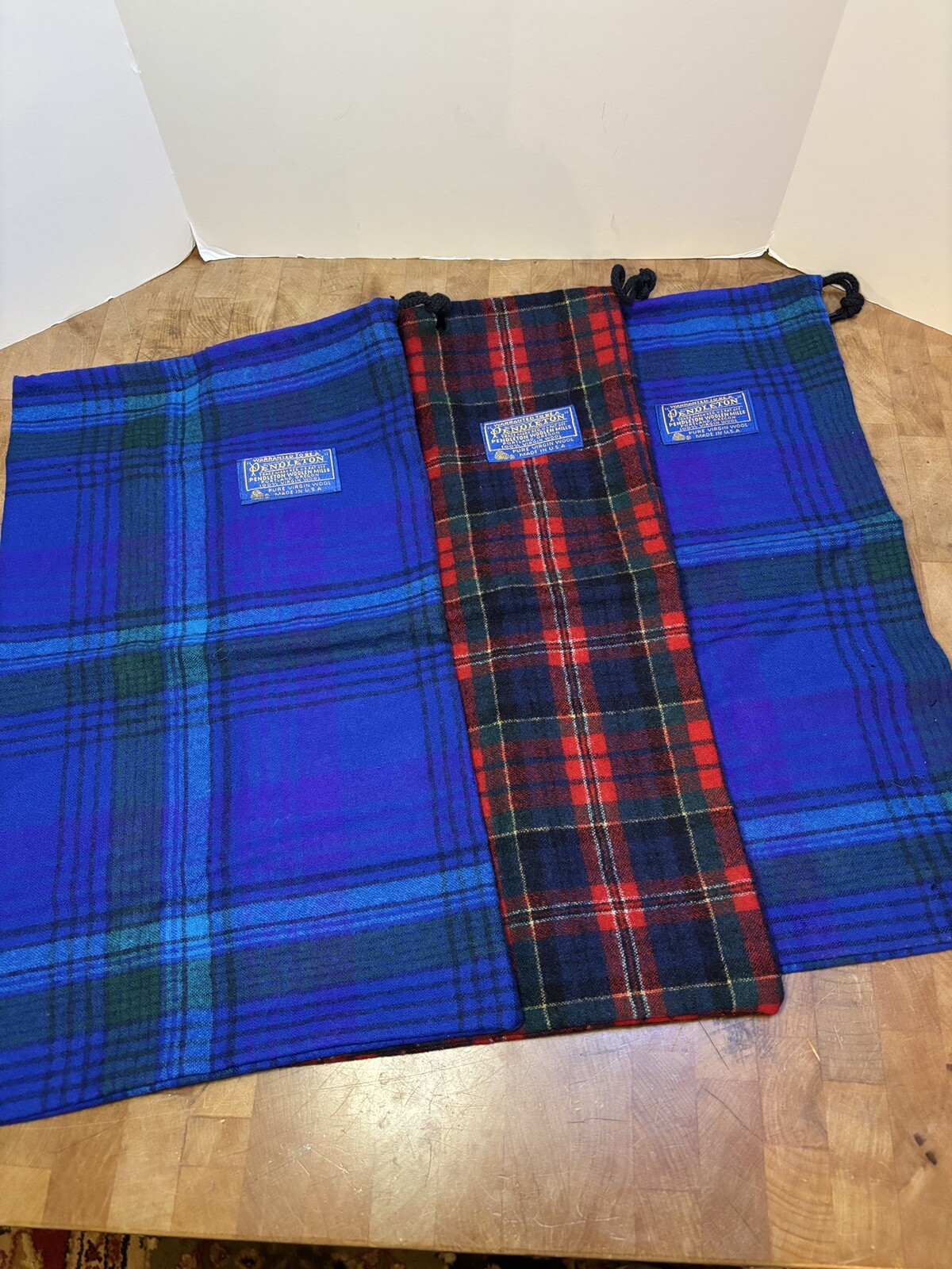 3 Vtg Pendleton Wool Drawstring Bag Plaid Gift Ba… - image 1