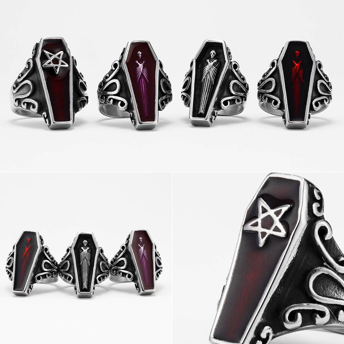Punk Gothic Mummy Vampire Coffin Skeleton Men Ring Stainless Steel