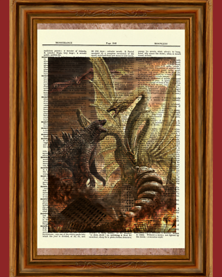 Godzilla vs King Ghidorah Vintage Dictionary Art Print Picture 