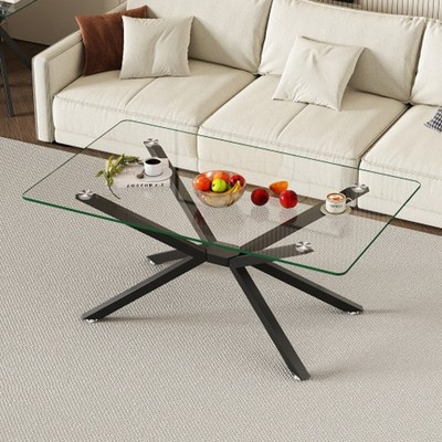 39.37'' Rectangular Clear Tempered Glass Coffee Table, Metal Legs, Coffee Table