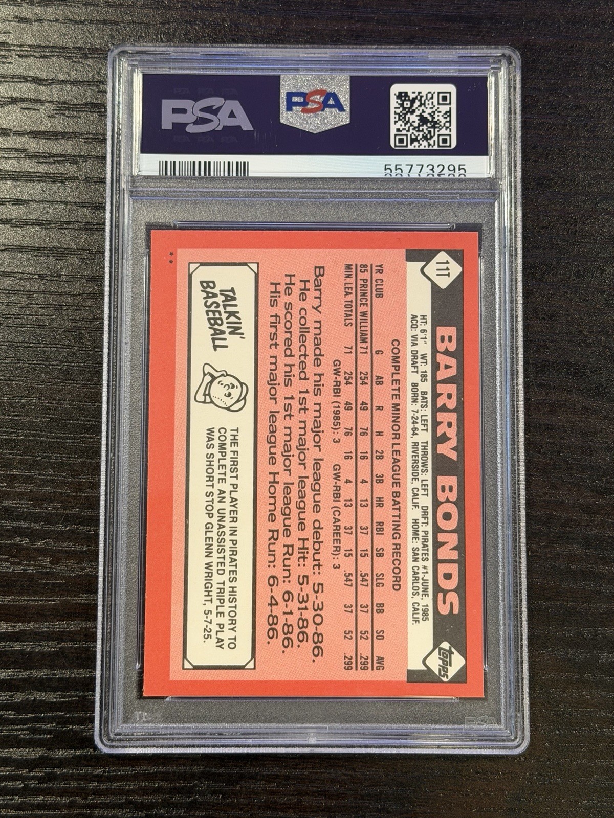 1986 TOPPS TRADED #11T BARRY BONDS ROOKIE CARD RC PIRATES PSA 8.5 New Label view 2