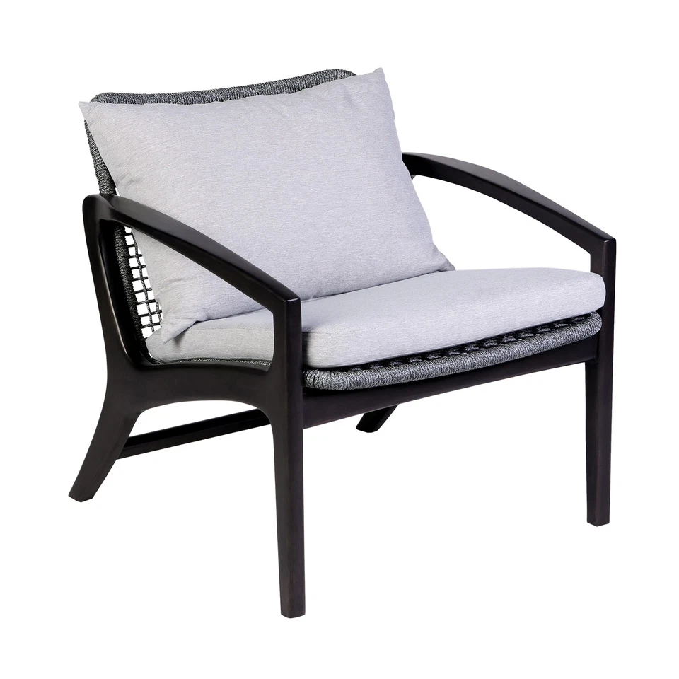 Outdoor Chair in Dark Eucalyptus Wood and Gray Rope with White Cushions - Image 3 of 4