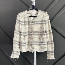 IRO Lizzie Tweed Jacket Women s 1 US 4 Small Black Ivory Frayed Zip Wool Blend