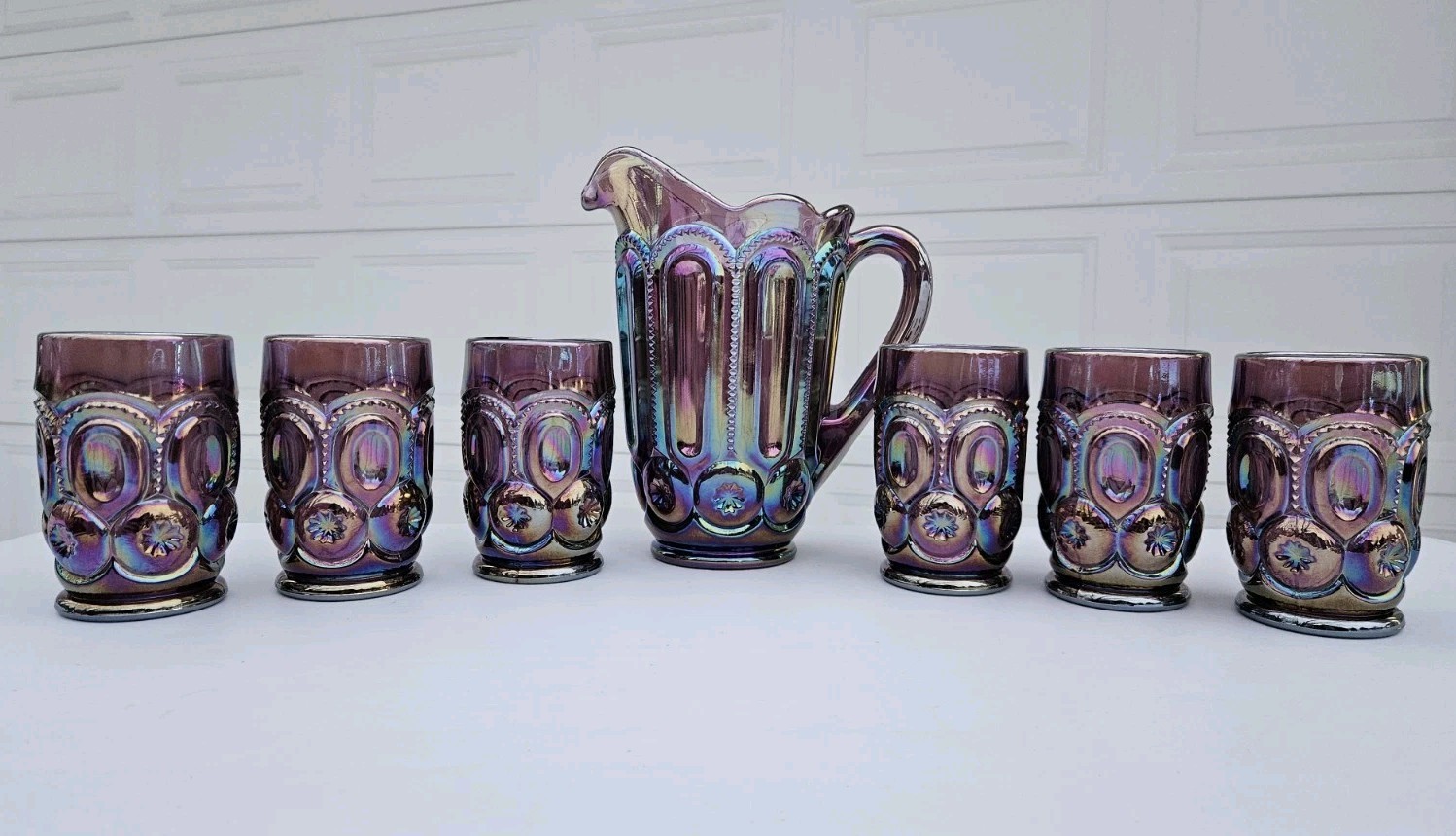 Weishar Moon And Star Amethyst Carnival Fullsize Water Set Pitcher 6 Tumblers