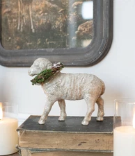 Primitive Sheep with wreath figurine, putz style, 5 1/2" Tall, Ragon House, NWT