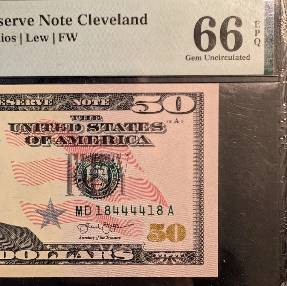 US $50 Dollar Bill 2013 Graded PMG 66. Fancy Serial # 18444418 Almost Palindrome - Image 3 of 4